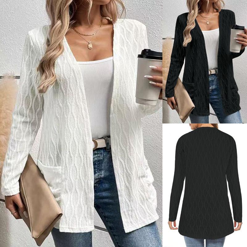 New Spring and Autumn Hollow Out Solid Color Casual Elegant Commuting Knit Long Sleeve Cardigan Jacket for Women