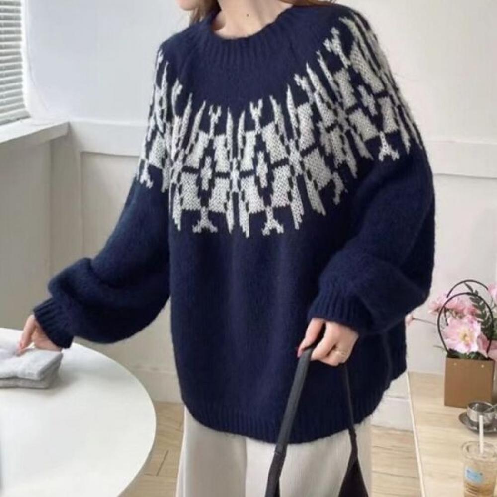 Navava Nk2622 Retro Pattern Round Neck Long Sleeve Knit Sweater
