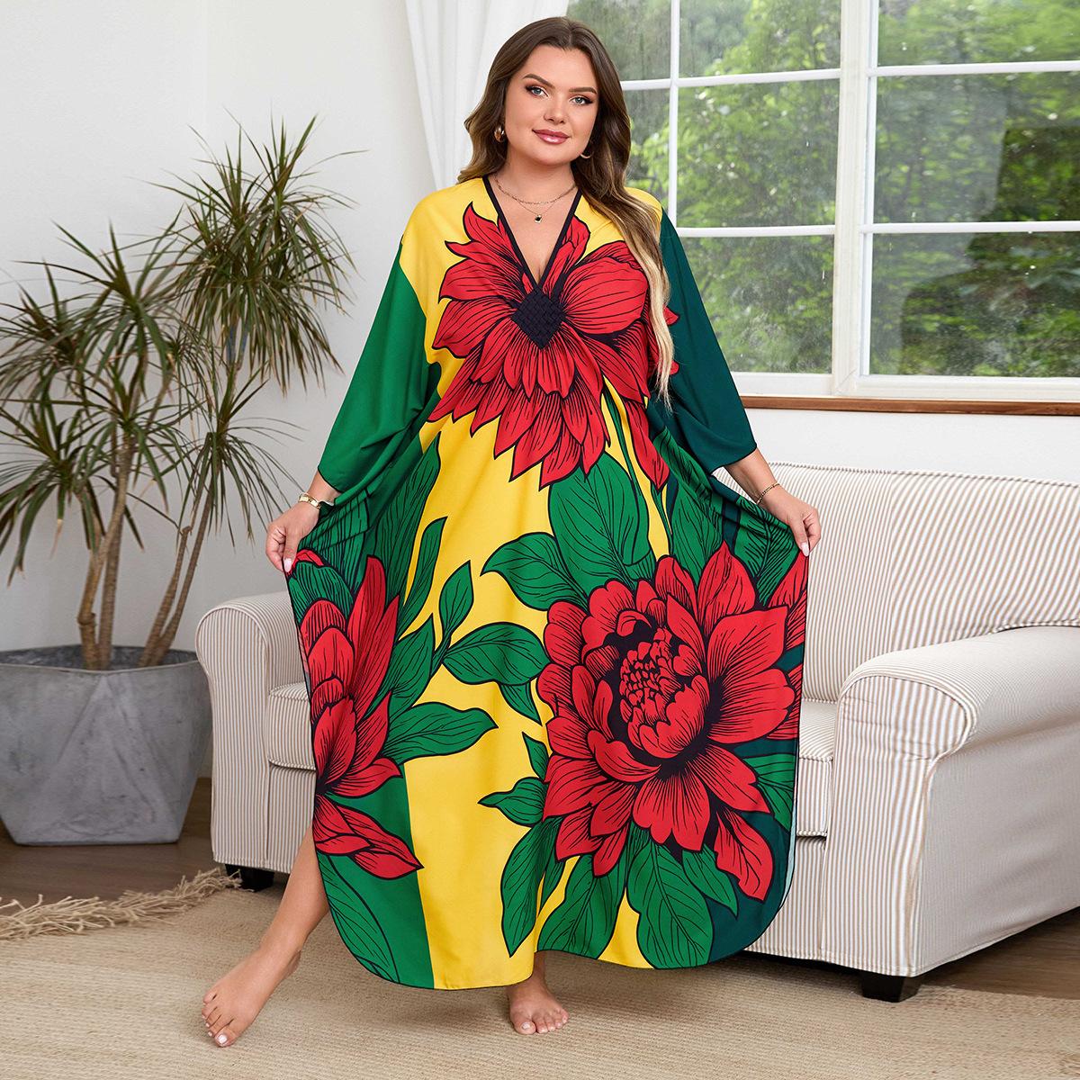 

Женская мода лето весна цвет блок принт рукава 3/4 V-образный вырез свободная талия повседневные платья Size: One Size