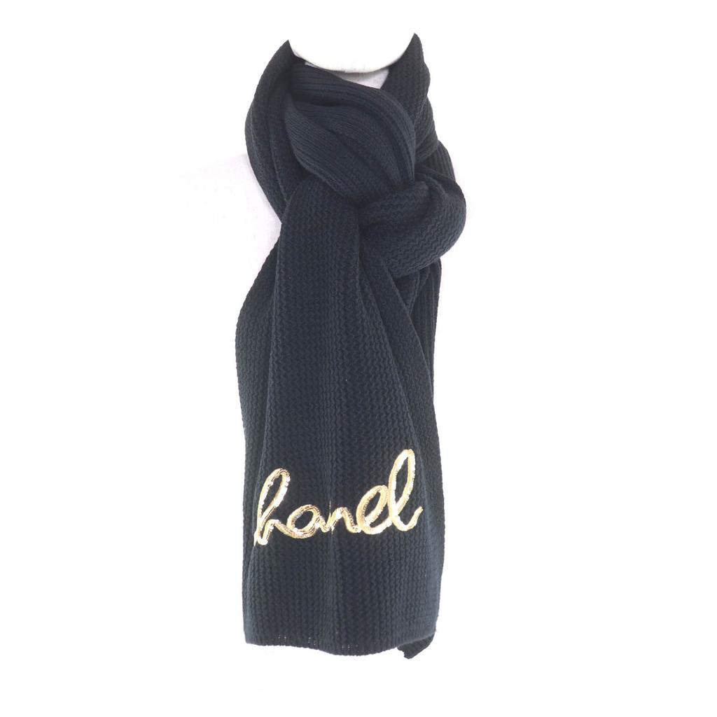 Great CHANEL Scarf Embroidered Handwritten Logo Sequin Knit Black Cashmere 22A Used