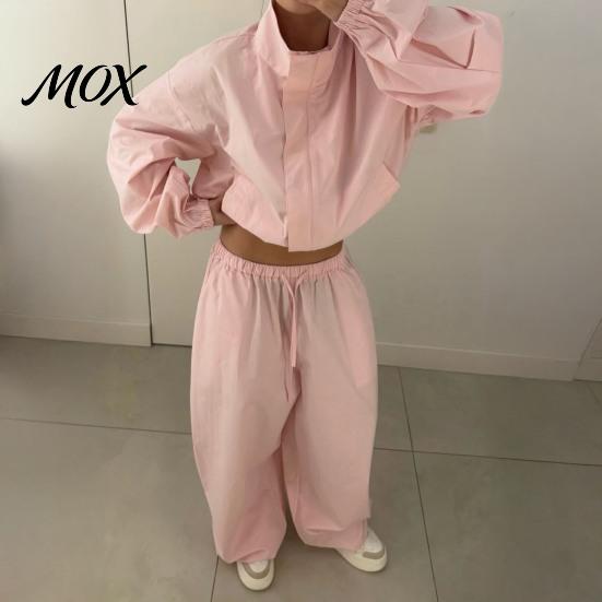 Women Casual Jacket Sets Pants Set for Fall, Stand Collar Zip-Up & Drawstring Loose Fit Clothing Waist Wide Leg Pants, Two Piece Matching Suit