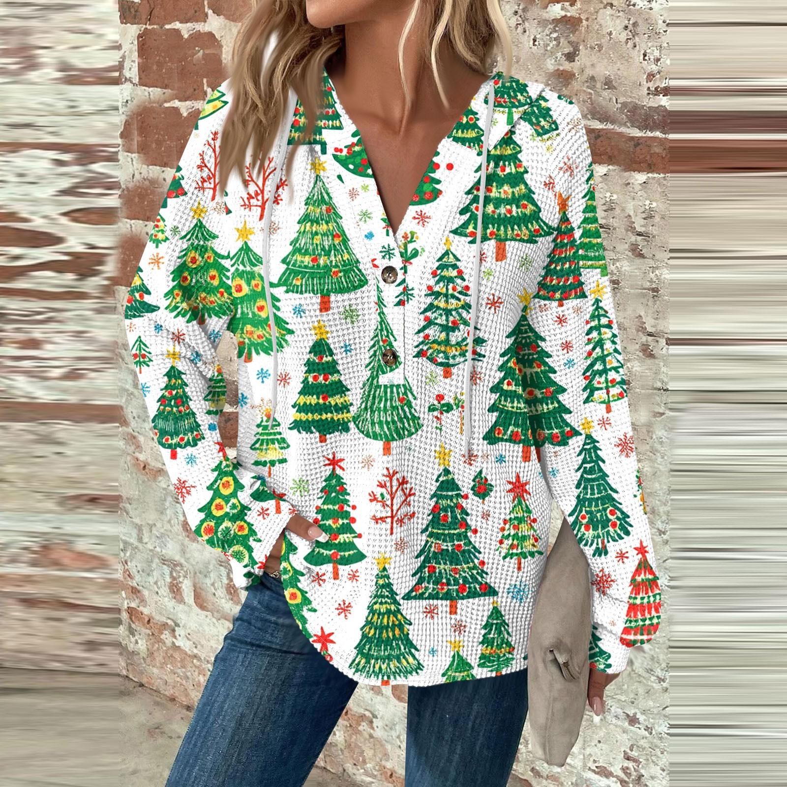 

Женский повседневный топ с длинными рукавами, пуговицами, V-образным вырезом, рождественским принтом, завязками и капюшоном XXL