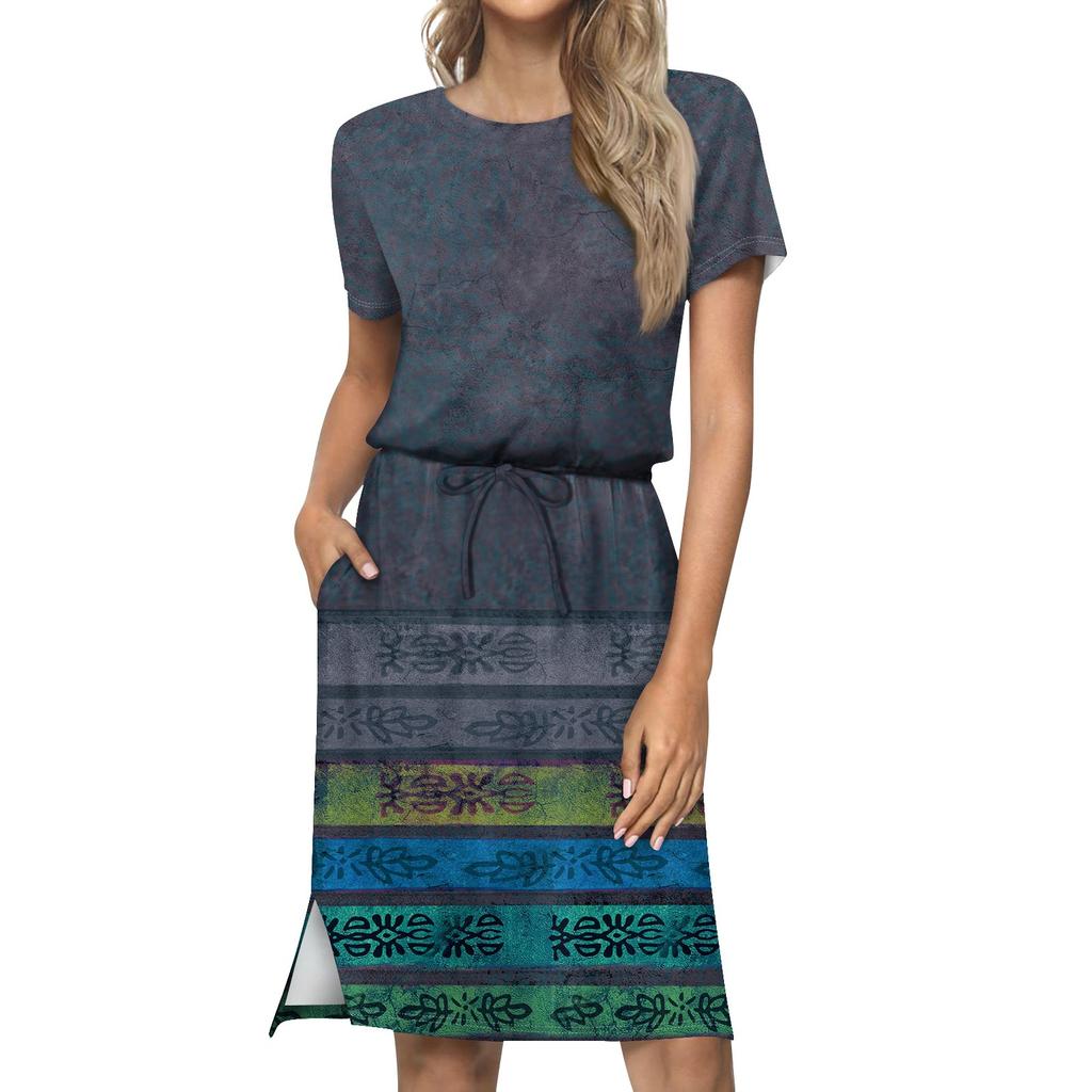 Women's Lashionable Loose Fitting Casual Printed Round Neck Short Sleeved Drawstring Pocket Dress