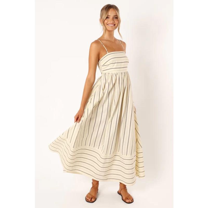 women s Spaghetti Strap Square Neck Striped Print Backless Big Swing Midi Dress S абрикосовый