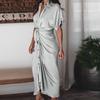 Office Lady Maxi Dress Turn Down Collar Ruched Solid Color Short Sleeve
