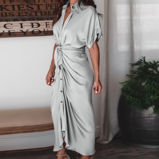 Office Lady Maxi Dress Turn Down Collar Ruched Solid Color Short Sleeve