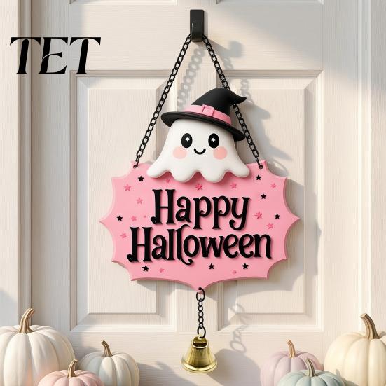 Decorative Skull Doorbell Halloween Cute Witch Hat Ghost Door Sign, Wooden Hanging Decoration, Pink Sign Pendants for Indoor Outdoor Home Wall