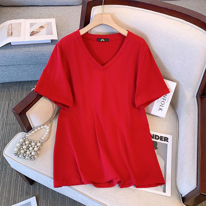 Women's Plus Size T-Shirt Summer Cotton Short Sleeve Loose V-Neck Top