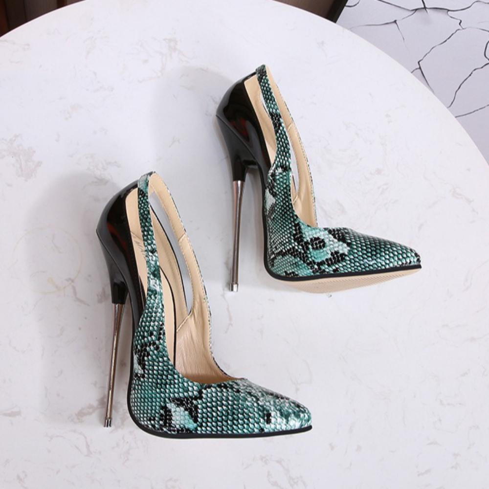 European Style Snake Print Color Block Pointed Toe Metal Thin Stiletto Plus Size Nightclub Women High Heels WZ-A16-6