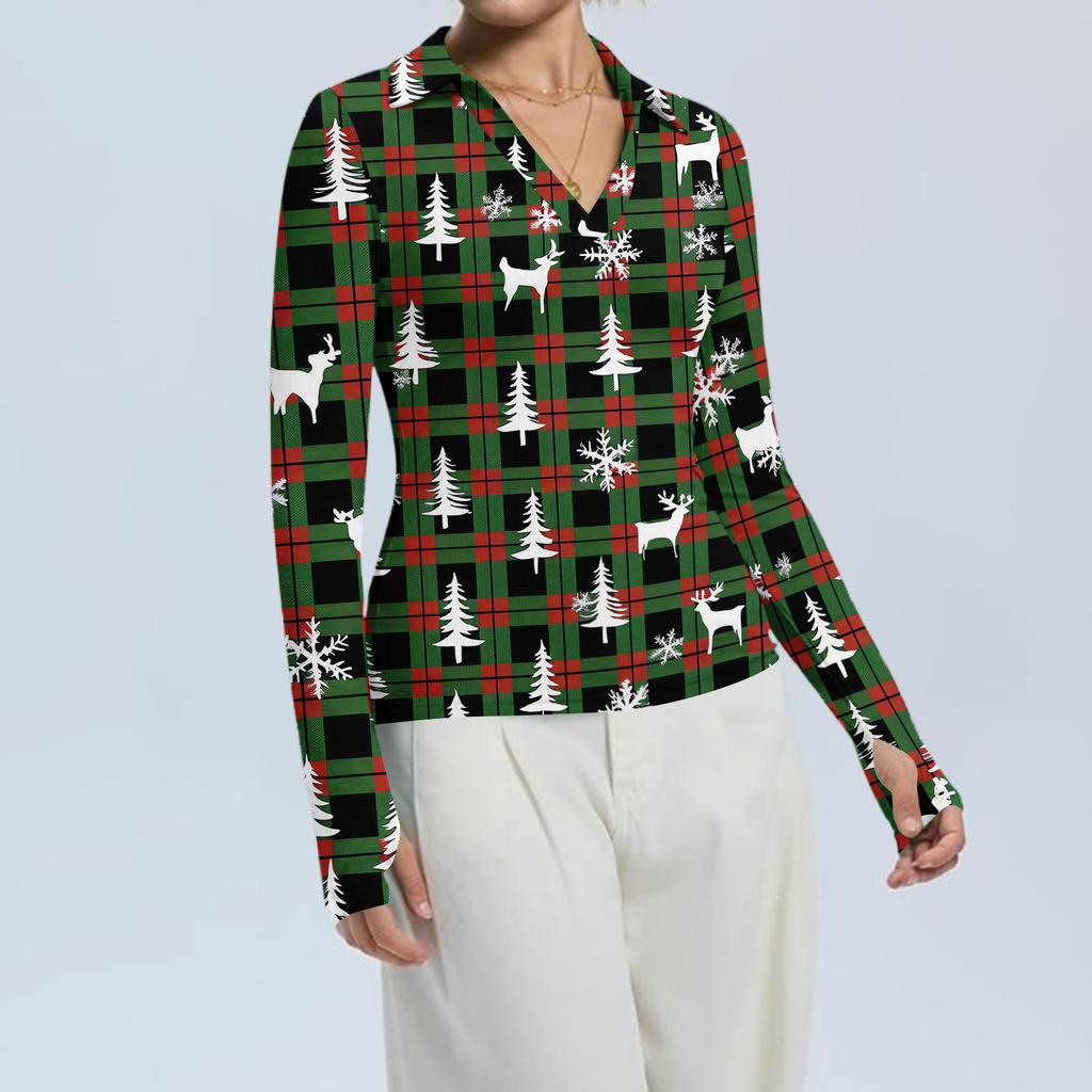 Damenmode Lässig Weihnachts-Print V-Ausschnitt Langarm Knopfleiste Oberteil