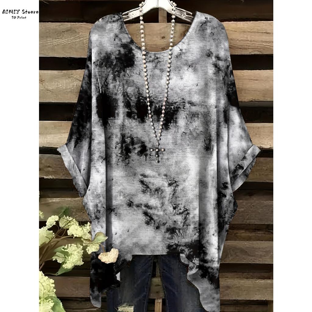 Women's Elegant Bohemian Starry Night Print T-Shirt White All-Over Dots with Asymmetrical Hem, Round Neck Casual Fashion Women