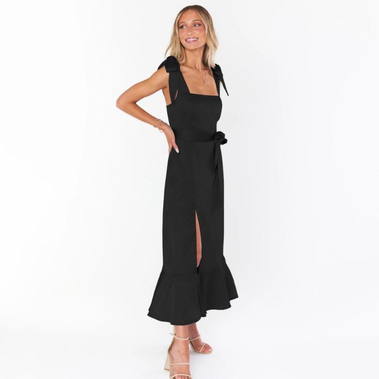 Women Summer Casual Sleeveless Spaghetti Strap A-Line Dress High Waist Long Split Solid Color Dresses