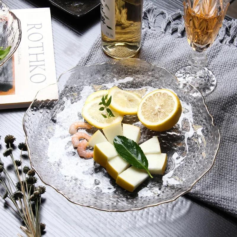 Glass Lotus Leaf Plate Smoke Gray Hammer Fruit Household Living Room Tray Dinner Plates Dishes and Plates Sets