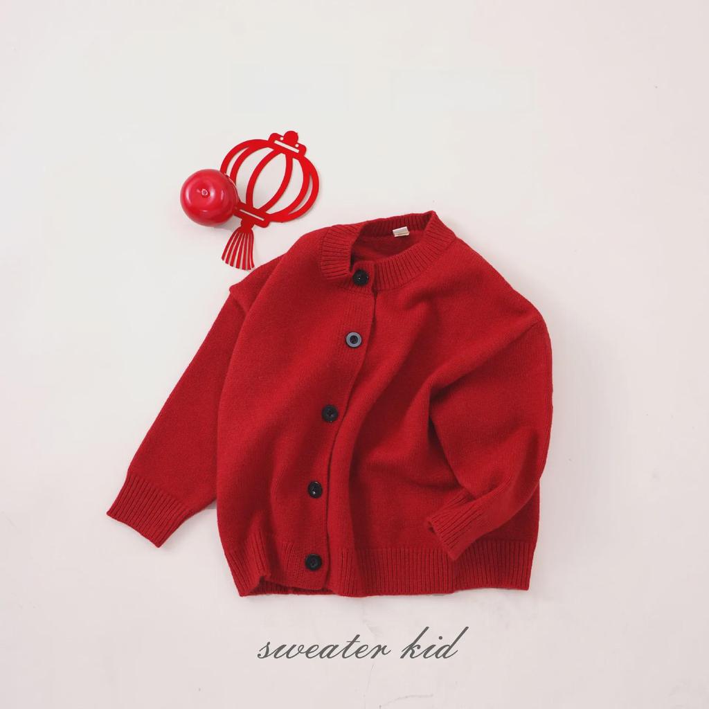 Autumn/Winter 2023 Kids' Forest Style Red Knit Cardigan – Gender-Neutral Round Neck Sweater