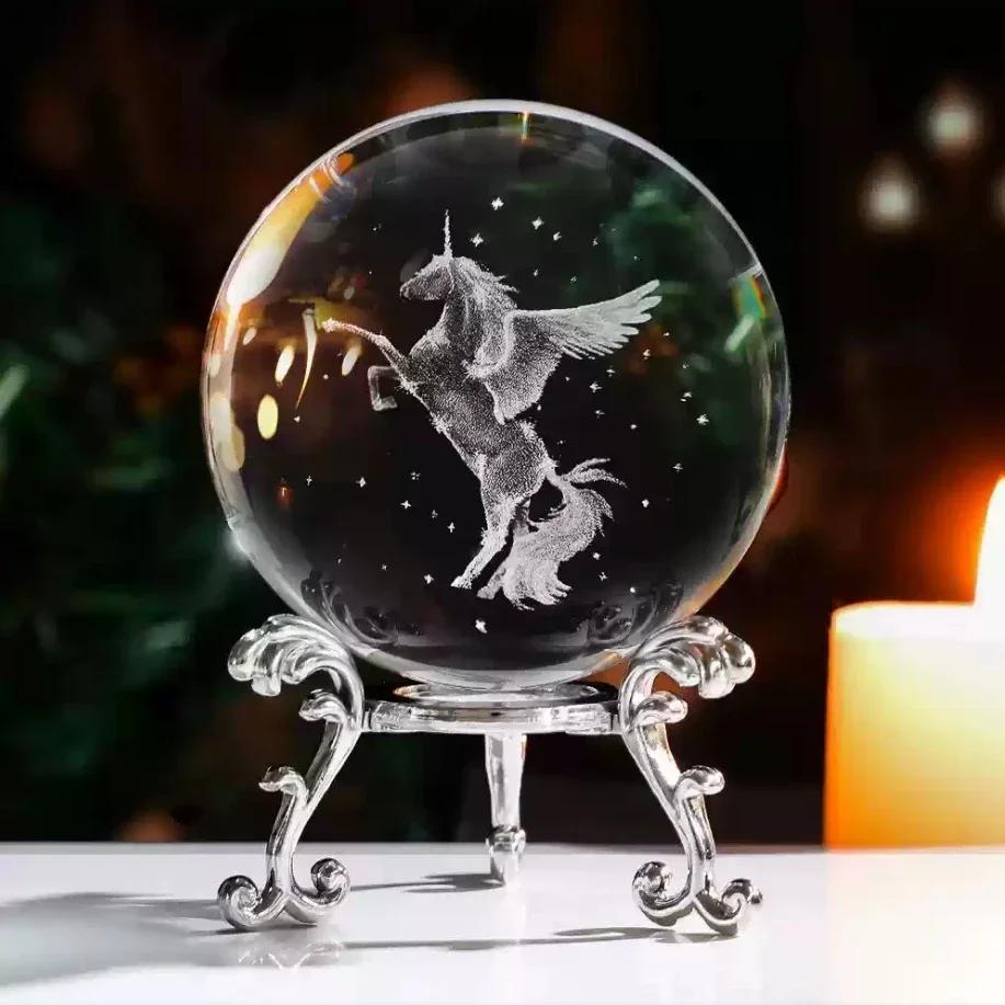 60mm 3D Crystal Ball Laser Engraved Glass Ornaments Animal Figurine Collectibles Paperweight Home Art Decor with Stand