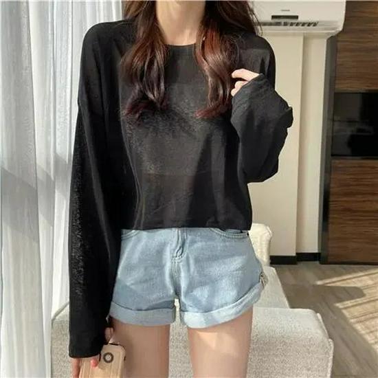 

2024 Корейский стиль Свободный крой Солнцезащитная блузка с длинным рукавом - Летняя модная женская футболка с круглым вырезом S (30-40 kg)