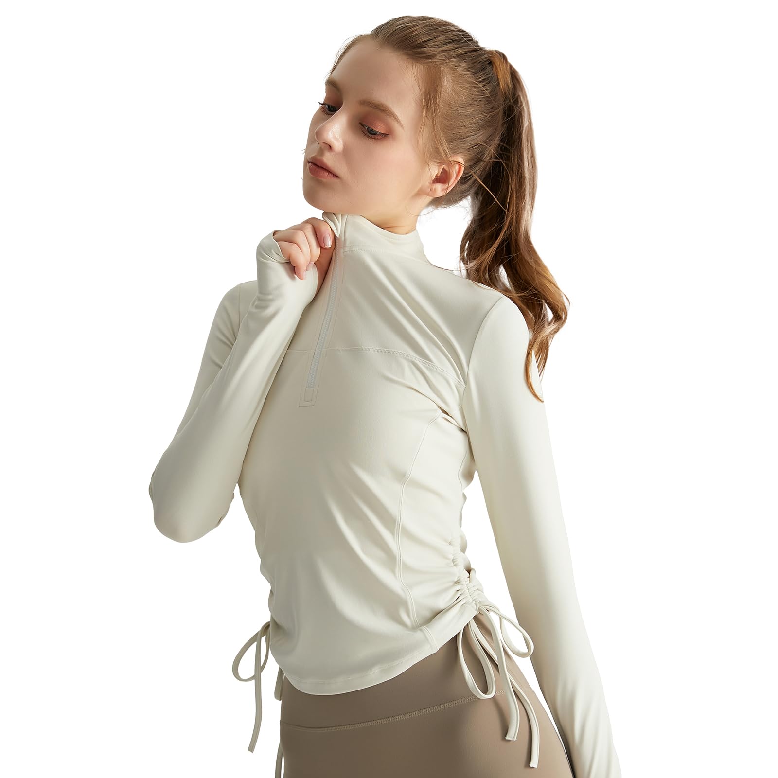 

MORGEN SKY С длинным рукавом Высокий половинный большой палец Боковой Стильный Пуловер с длинным рукавом CX082 Женская спортивная одежда/Топ для йоги, Рубашка, Вырез, Молния, Отверстия, Кулиска, белый