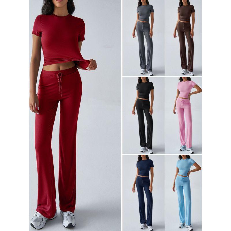 round Neck Neck T-shirt Casual Pants Set Pure Color Crew Neck T-shirt Casual Pants Suit