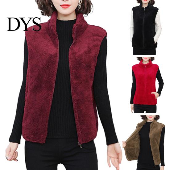 Women Sleeveless Waistcoat Autumn Winter Solid Color Plush Stand Collar Flush Vest Coat Pockets Zipper Placket Thickened Double Sides Fleece