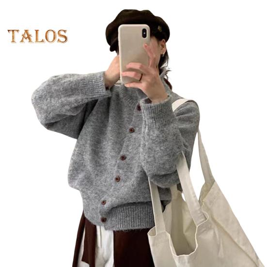 Women Plush Sweater Coat High Collar Long Sleeve Loose Fit Design Knitting Sweater Buttons Closure Knitwear