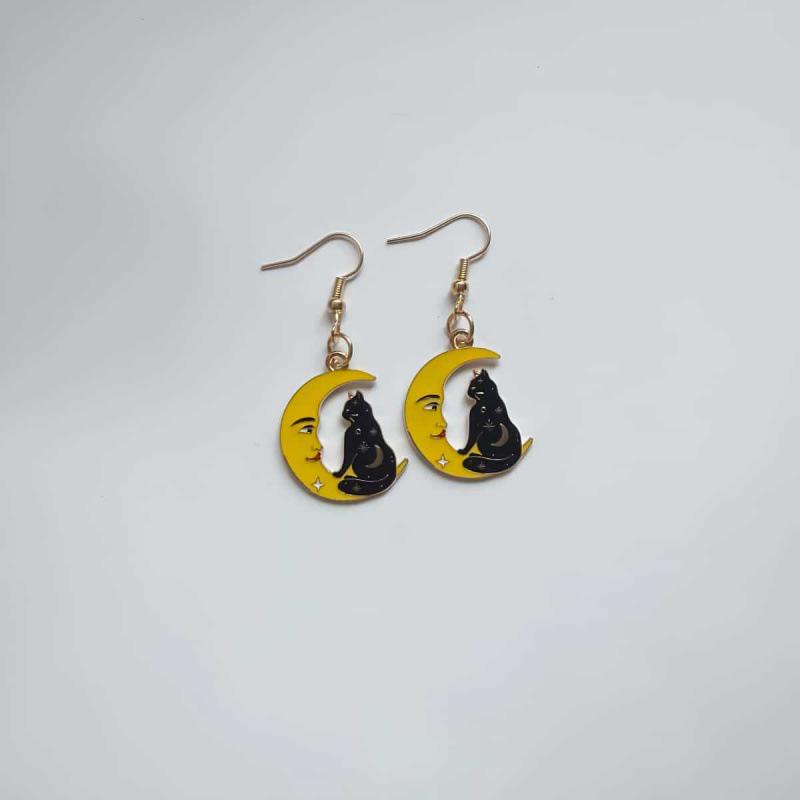 Playful Black Cat Moon Pendant Earrings