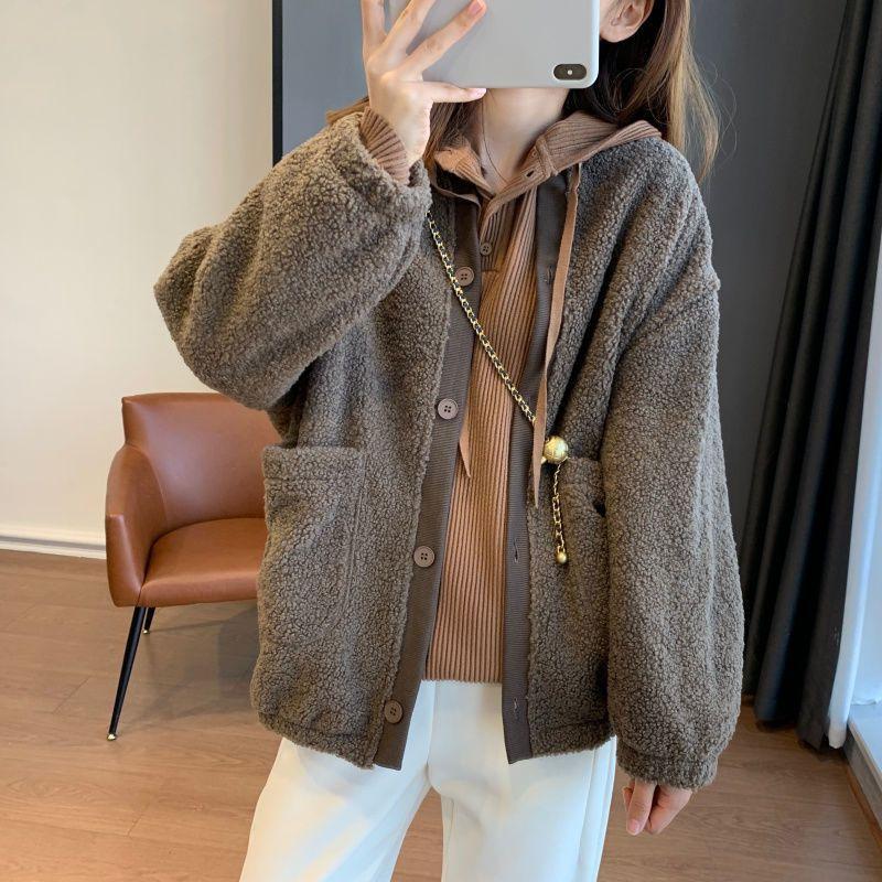 Autumn Winter Solid Casual Fashion Lamb Fleece Coat Women Round Neck Vintage Jacket Cardigan Outwear Top