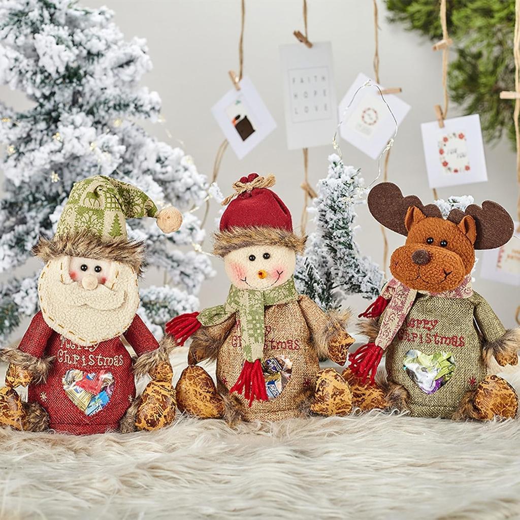 3Pcs Christmas Gifts Candy Bag Zipper Reusable Cartoon Doll Bags with Santa Snowman Style for Party and Festival