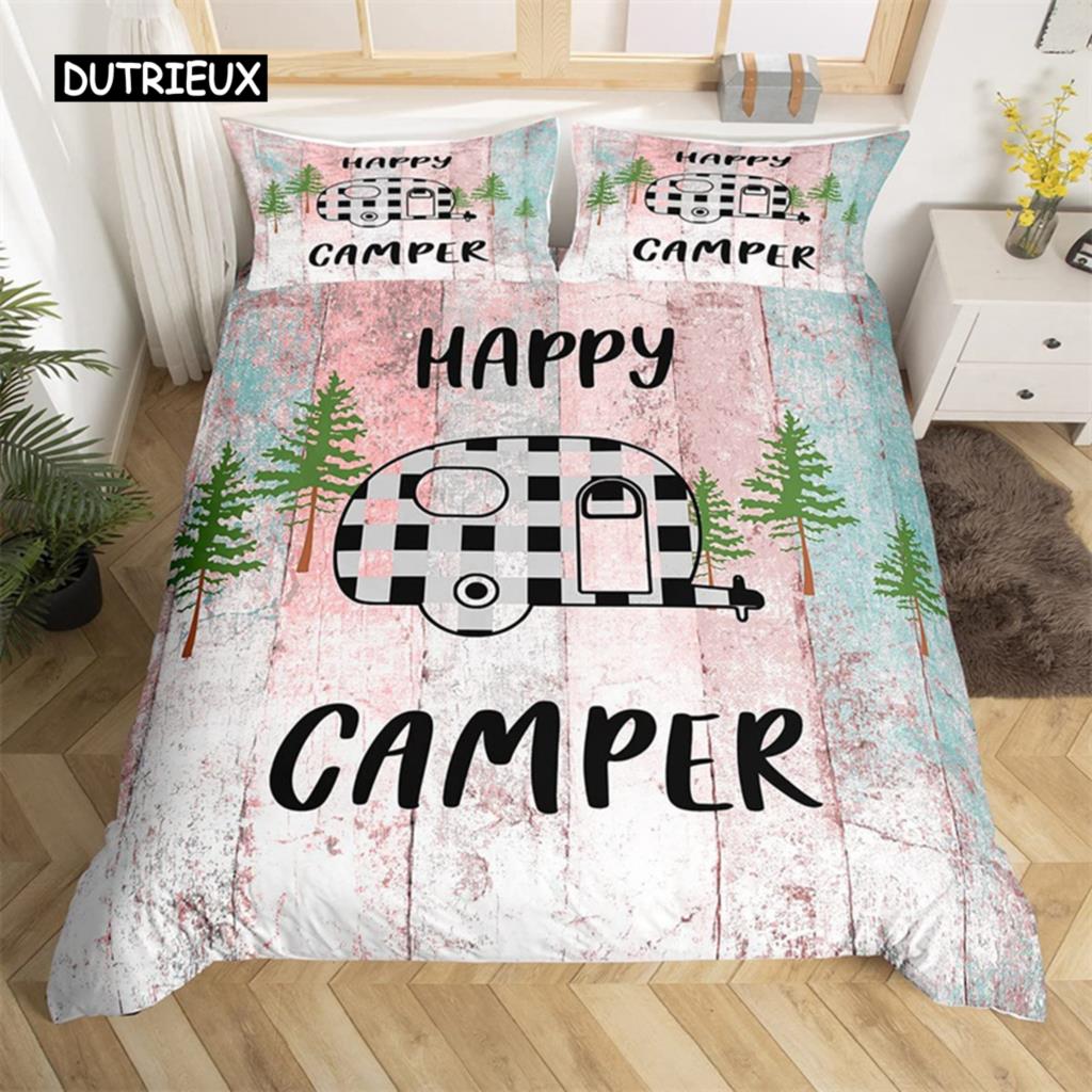 Camping Duvet Cover Microfiber Galaxy Stars Moon Happy Camping Comforter Cover Camper Truck Geometry Mountain Trees Bedding Set