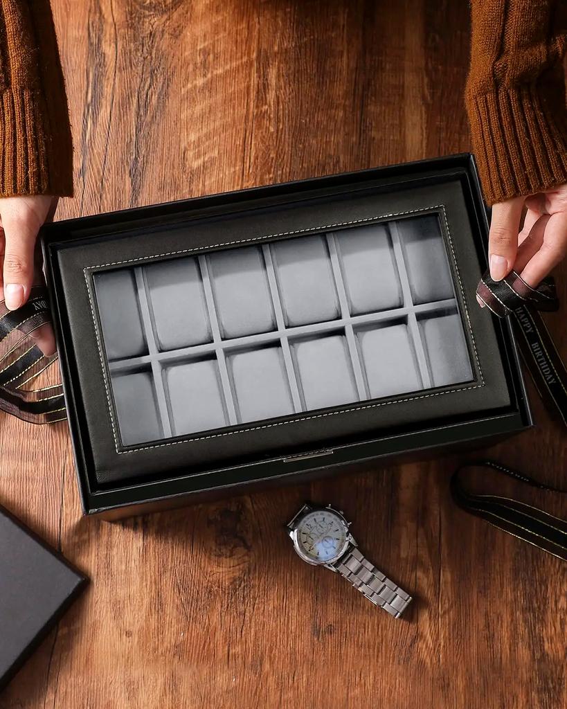 12-Slot Lockable Synthetic Leather Watch Display Box with Lockable Drawers,Double Layer,Heavy-Duty Watch Storage Case
