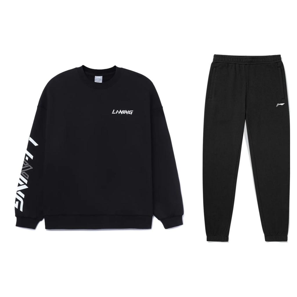 Li Ning Letter Logo Print Loose Shoulder Pullover Round Neck Long Sleeve Sweatshirt Mid Waist Elastic Trousers Casual Sports Set AWDT607-3+AKLSG29-1
