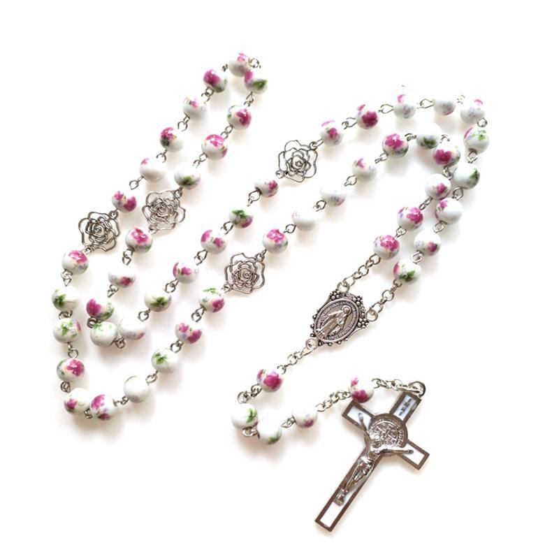 Ceramic Rose Rosary Necklace Holy Catholic Jewelry Charm Pendant for Christian Church Home Bedroom Decoration