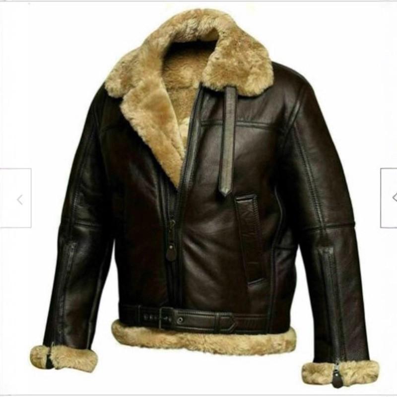 Mens Winter Thickened Fleece-Lined Leather Jacket With Zipper Stand Collar 3D Patch Pockets Casual Urban Style