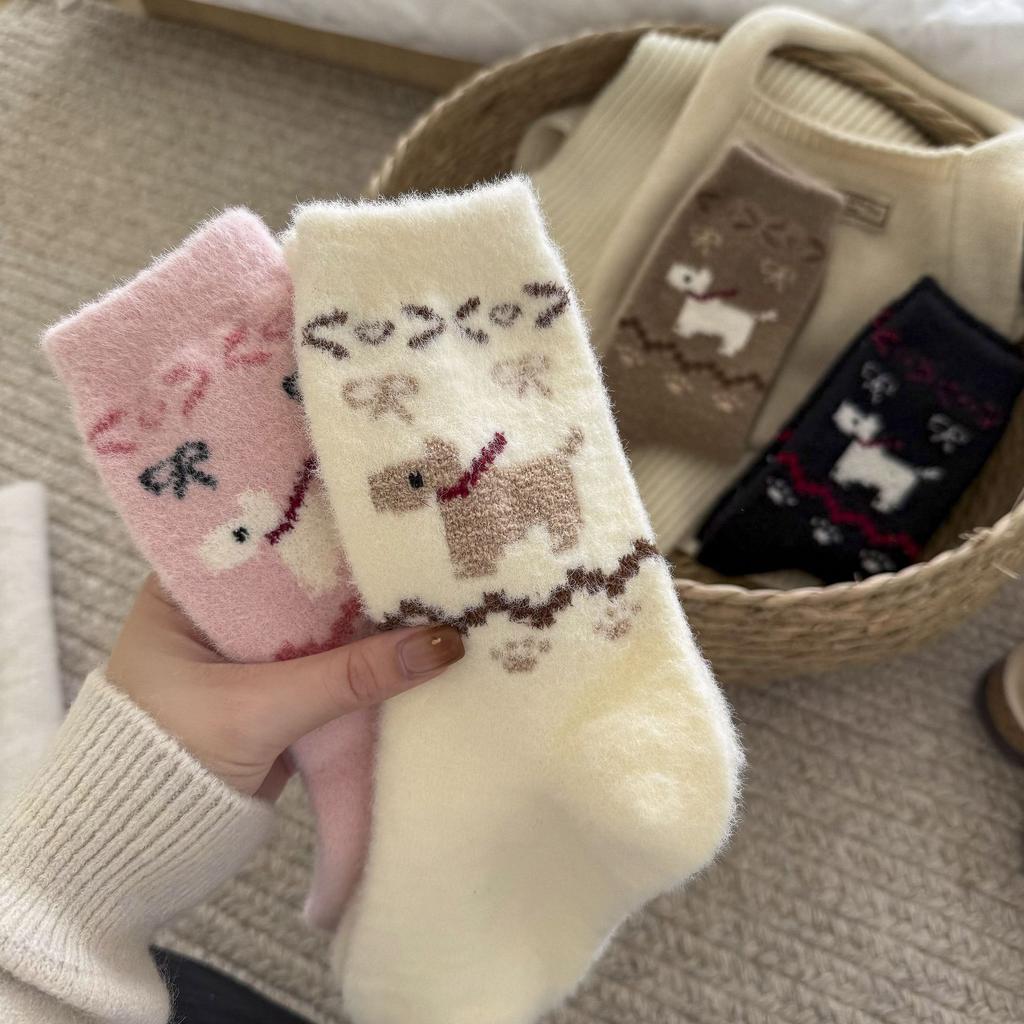 Ladies Autumn and Winter Warm Plus Thick Retro Cute Puppy Tube Pile Socks