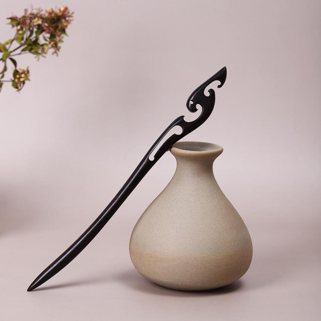 Vintage Ebony Wood Hairpin: Auspicious Clouds Design for Elegant Updos