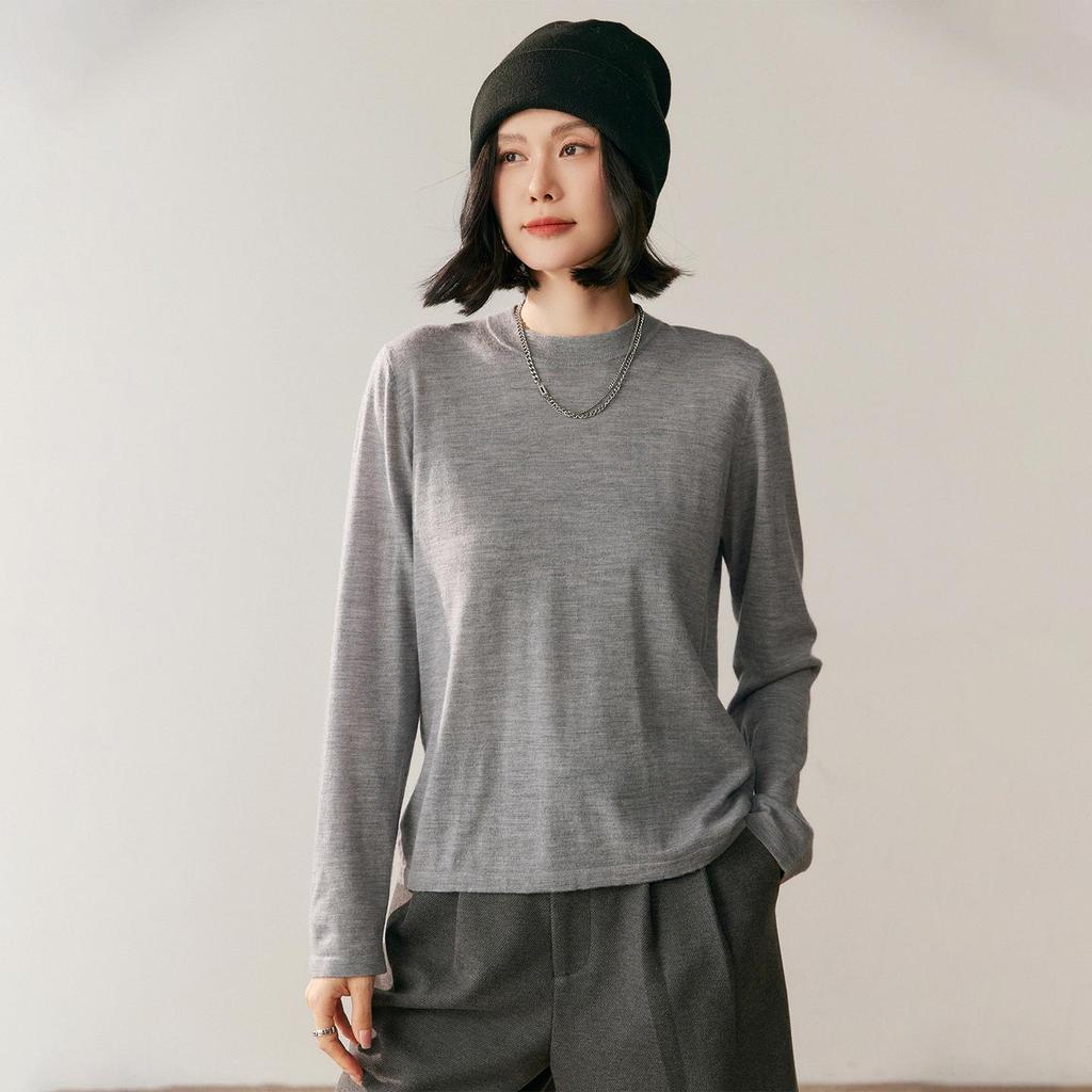 Women's Round Neck Wool Knit Pullover - Long Sleeve Base Layer Sweater