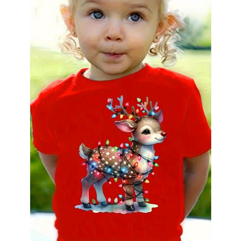 Kids Clothes Cute Animals Printing Christmas T-Shirt Festive Short Sleeve Boys Girls Clothes 2-14Y Christmas Gift Child Top Tee