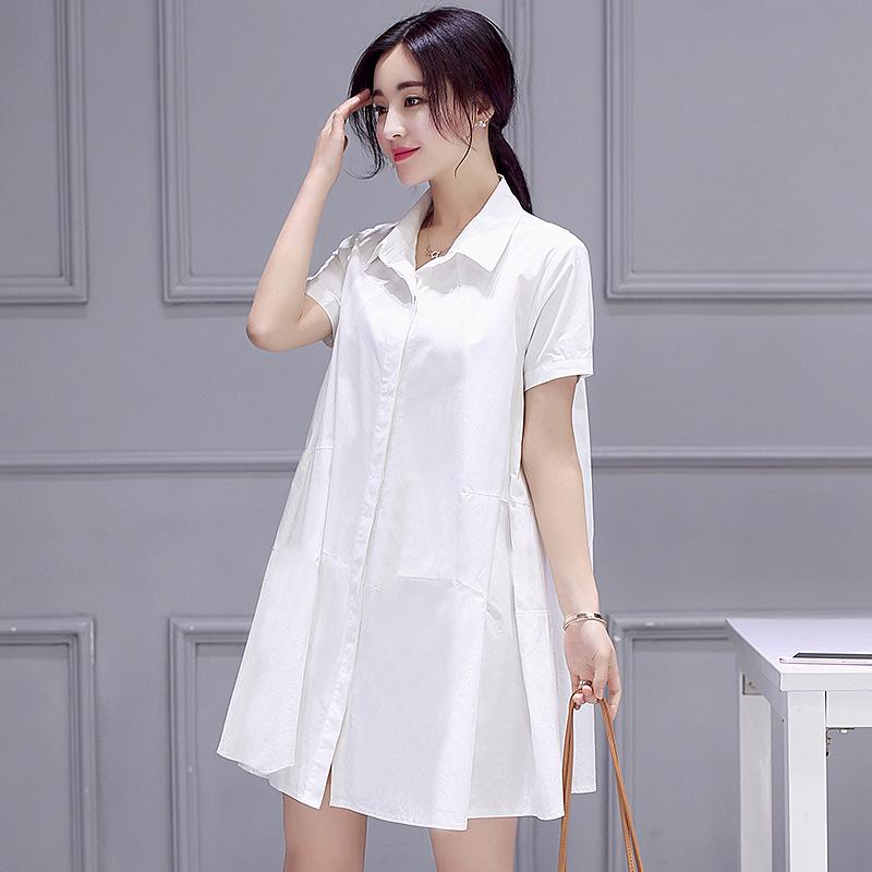 Damen Sommer Chiffon Hemdkleid - Kurzärmelig, Mittellang, Locker, Bauchkaschierend, Koreanischer Stil