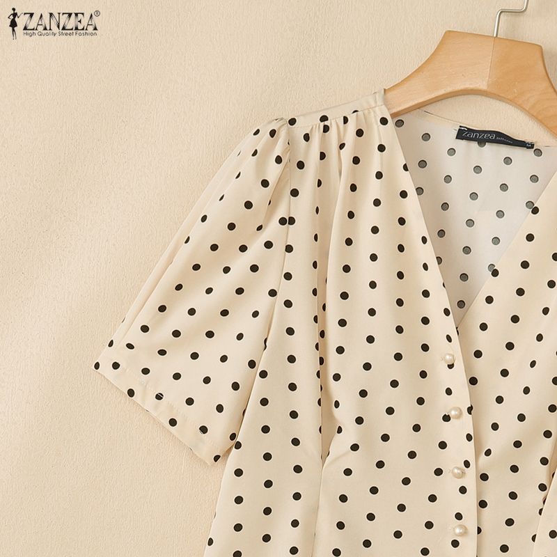 ZANZEA Women Casual V-Neck Short Sleeve Polka Dot Print Blouse