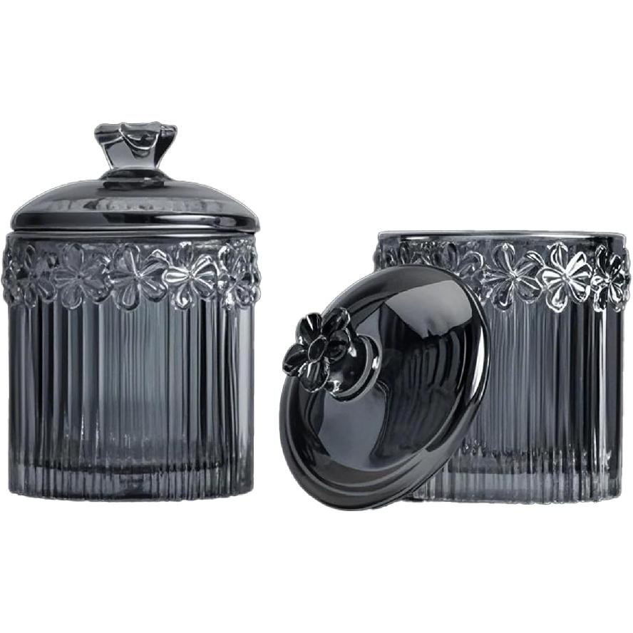 2 Pack Glass Qtip Holder Canisters with Lids , Crystal Clear Apothecary Jars for Cotton Balls, Swabs, Floss, Candy & Makeup Pads , Bathroom Vanity