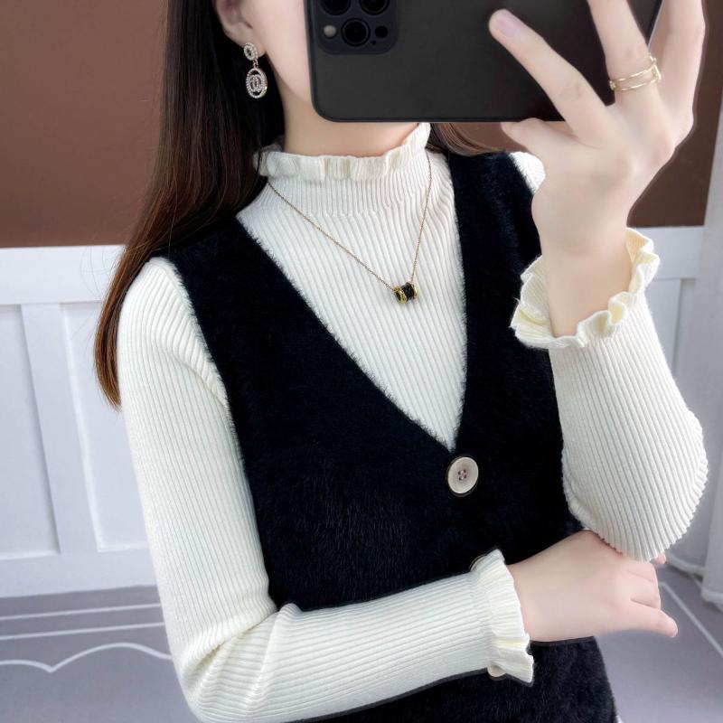 Faux Mink Knitted Waistcoat Spring and Autumn Mohair V-neck Vest Knitting Versatile Sleeveless Mid-length Casual Women's Dress