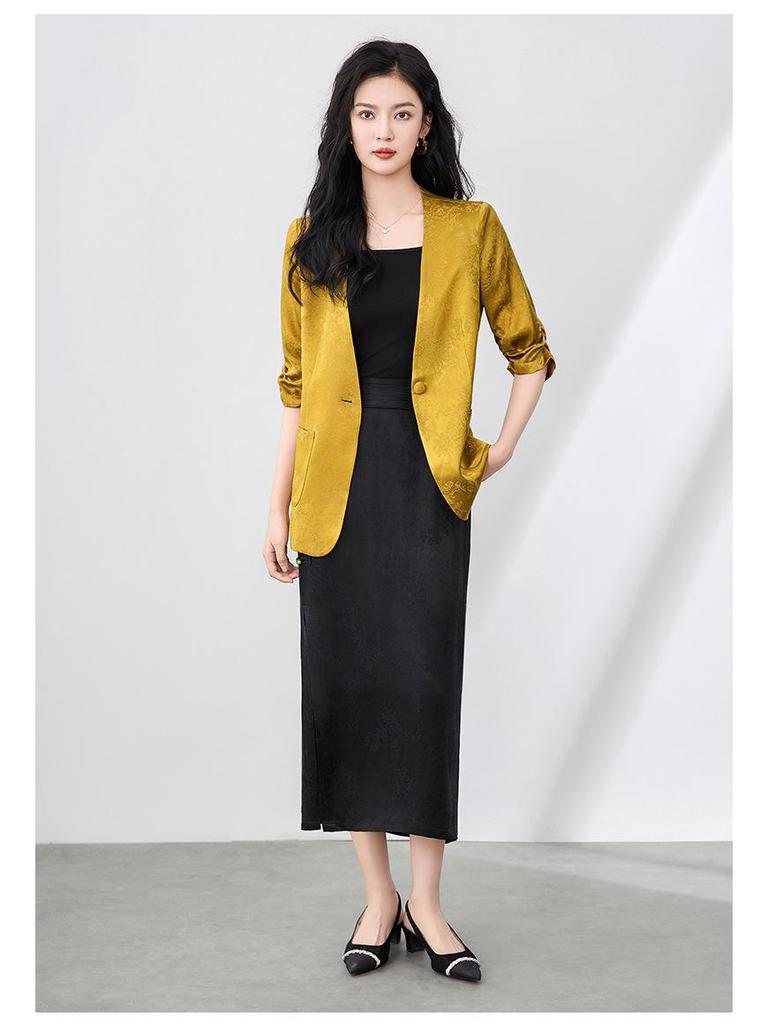 Women's Light Luxury Jacquard Ruched Sleeve V-Neck Lace Blazer