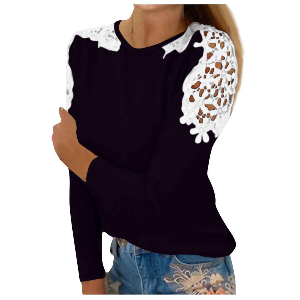 Women's Fashionable Color Patchwork Lace Hollow Out Round Neck Long Sleeved T-Shirt Top