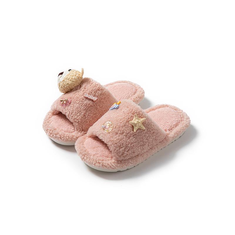 Bear open cotton slippers ins warm fluffy slippers cartoon contrasting plush slippers