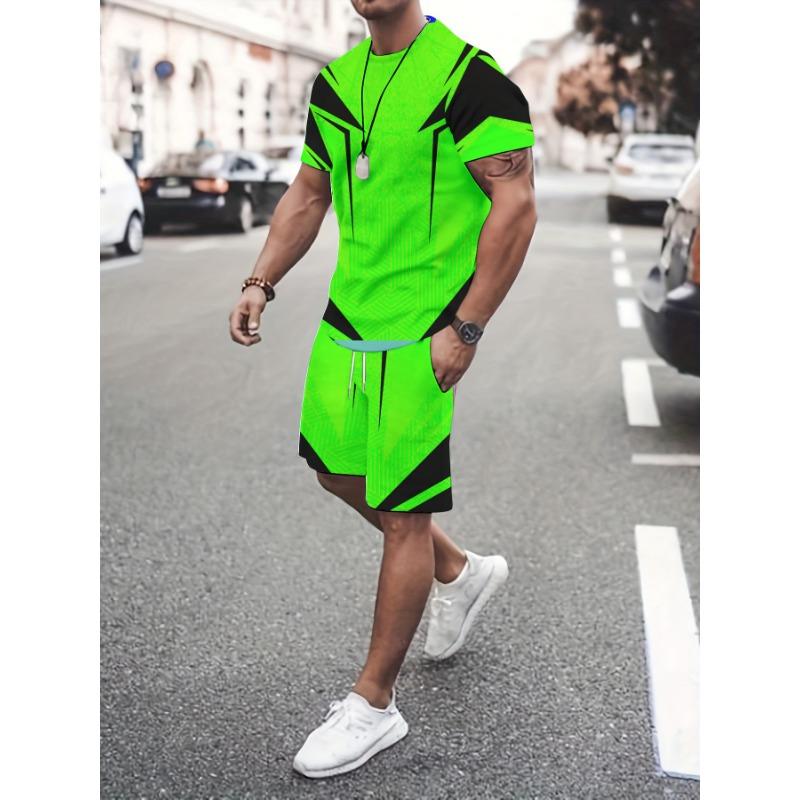 Men's Casual Two-Piece Suit: O-Neck Top with Bold Color Block Design & Elastic Waist Shorts. Breathable Streetwear for Daily Wear & Vacation