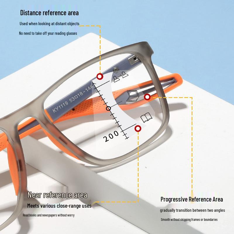 New TR90 Multifocal Progressive Sports-Style HD Reading Glasses, Anti-Blue Light, Suitable for Near and Distance Viewing