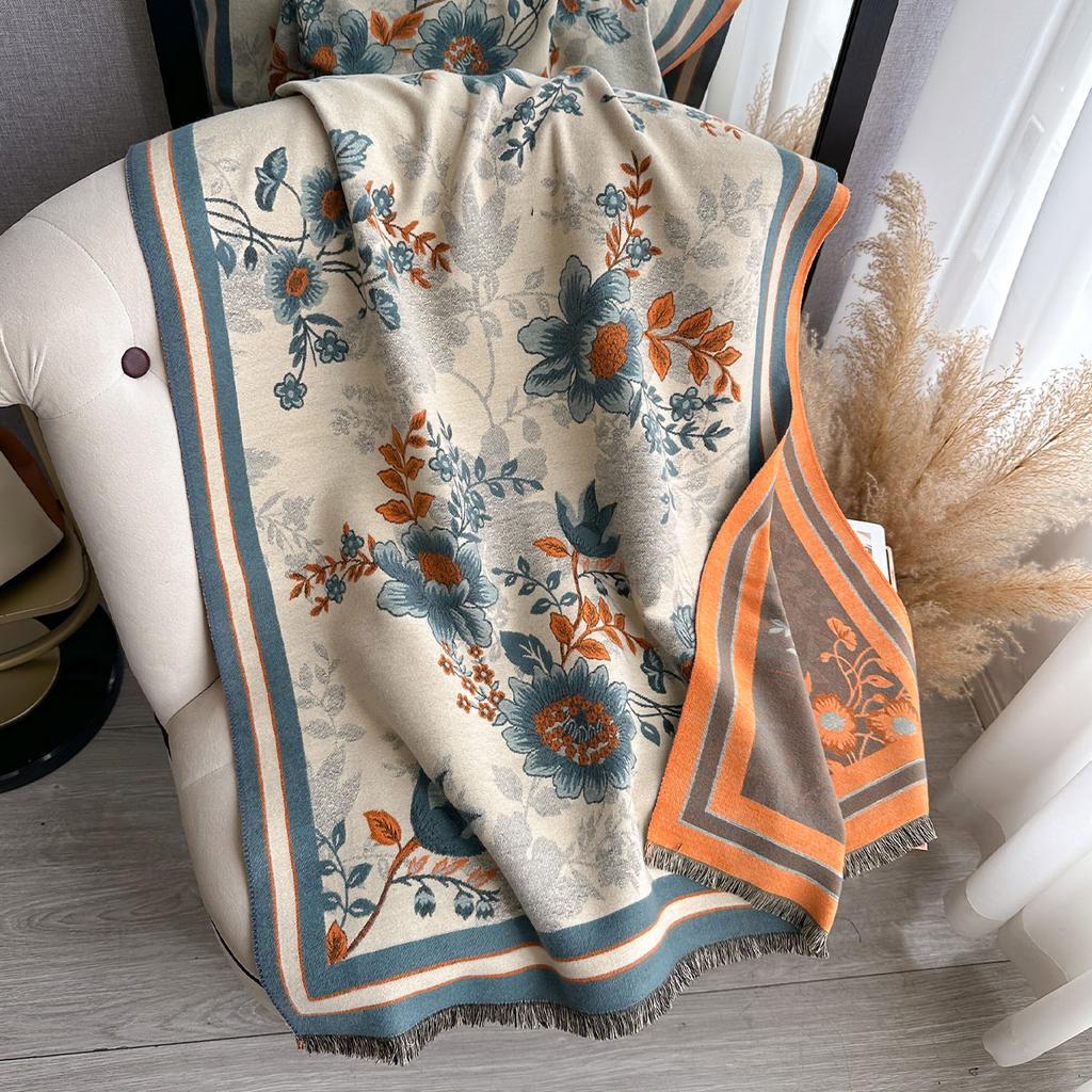 Elegant Flowers Jacquard Pashmina Imitation Cashmere Scarf Winter Thick Warmth Two-Sided Shawl Coldproof Windproof Blanket Scarf