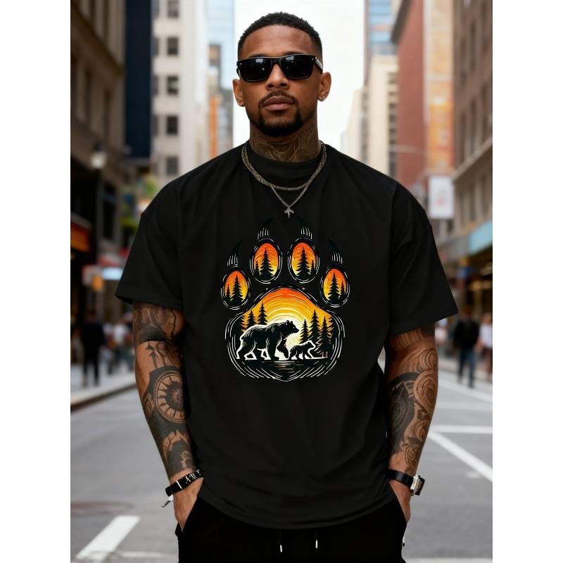 

European sizes 2025 Men s New Casual Pure T-shirt, Featuring a Unique Bear Family in a Scenic Forest Sunset Design on the Front 4XL чорний