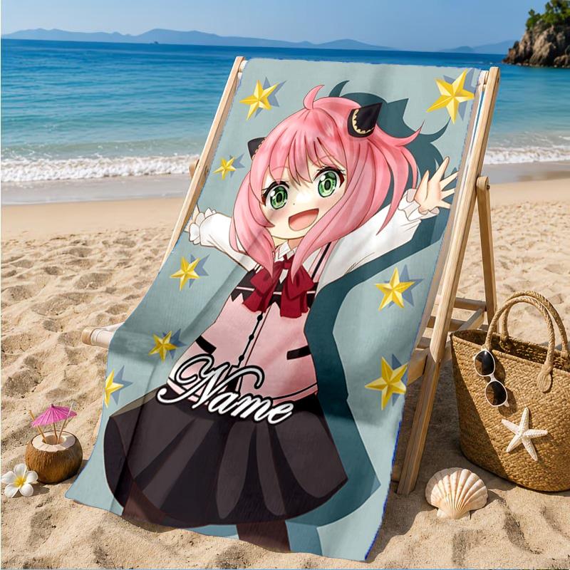 Custom Name Pink Hair Anya Beach Towel Microfiber Beach Towel, Lightweight and Quick-Dry, for Summer Travel, Swimming Pool Gift
