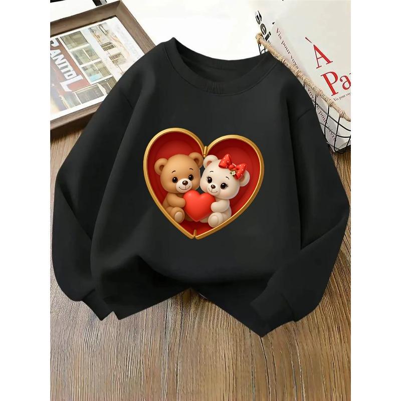Kids Unisex Crewneck Sweatshirt, Couple Teddy Bears Holding Red Heart Inside Golden Heart Box Cartoon Print Soft Pullover For Kids Over 4 Years Old