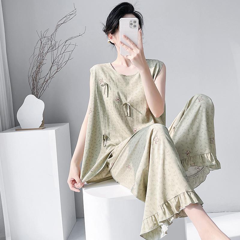 Summer Crew Neck Sleeveless Vest Two-piece Set Cotton and Silk Pajamas Women's Summer Cotton Silk Women's Summer Suit Dress